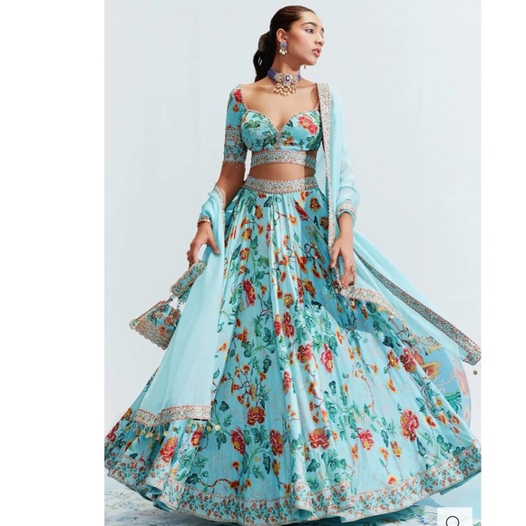 SOLD - Mahima Mahajan Blue Designer Lehenga & Blouse With Floral Design - Picture 4 of 10